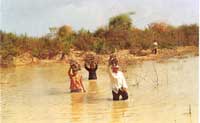 women wading through water